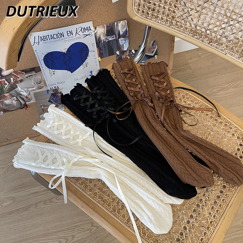 

Japanese Style New Satin Lace-up Hemp Pattern Wool Socks Girls Bunching Sock Lolita Soft Girl Stockings Women White Tube Socks