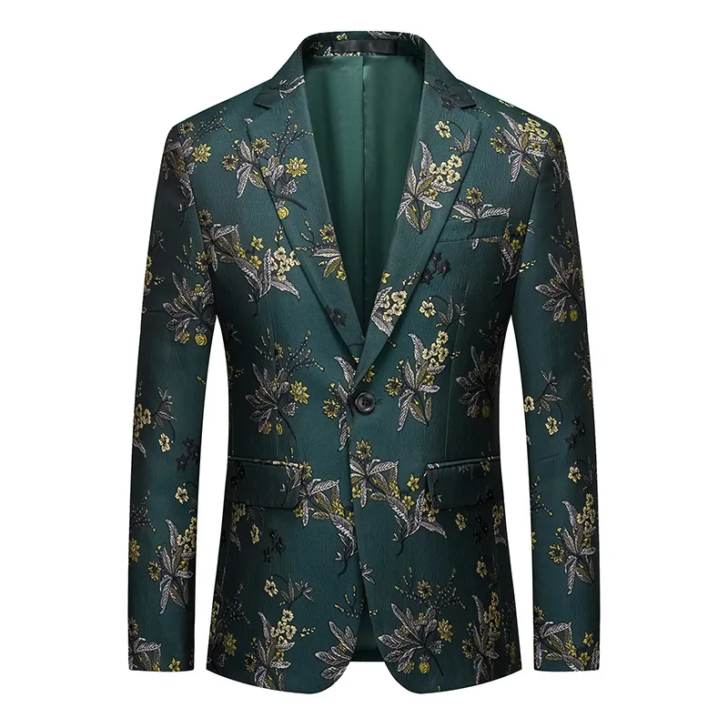 

KIDWHXR Blazer Men Spring Flower Printed Turn Down Collar Male Suit Coat Single-breasted Slim Wedding Breathable Man Outerwear