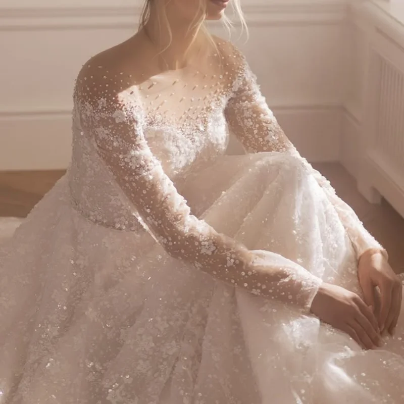 فساتين زفاف بيضاء لامعة مزينة بالدانتيل ملصق عاري الكتفين تنورة بأكمام طويلة مصنوعة فستان زفاف فستان زفاف #3