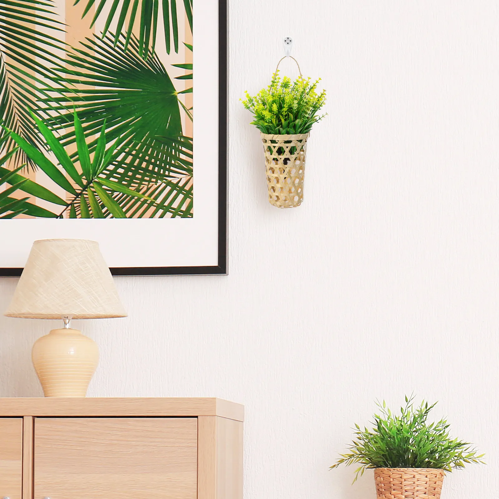 Bamboo Wall Hanging Flower Basket Set – 2pcs Handwoven Rustic Planter for Dried Flowers, Balcony & Garden Decor