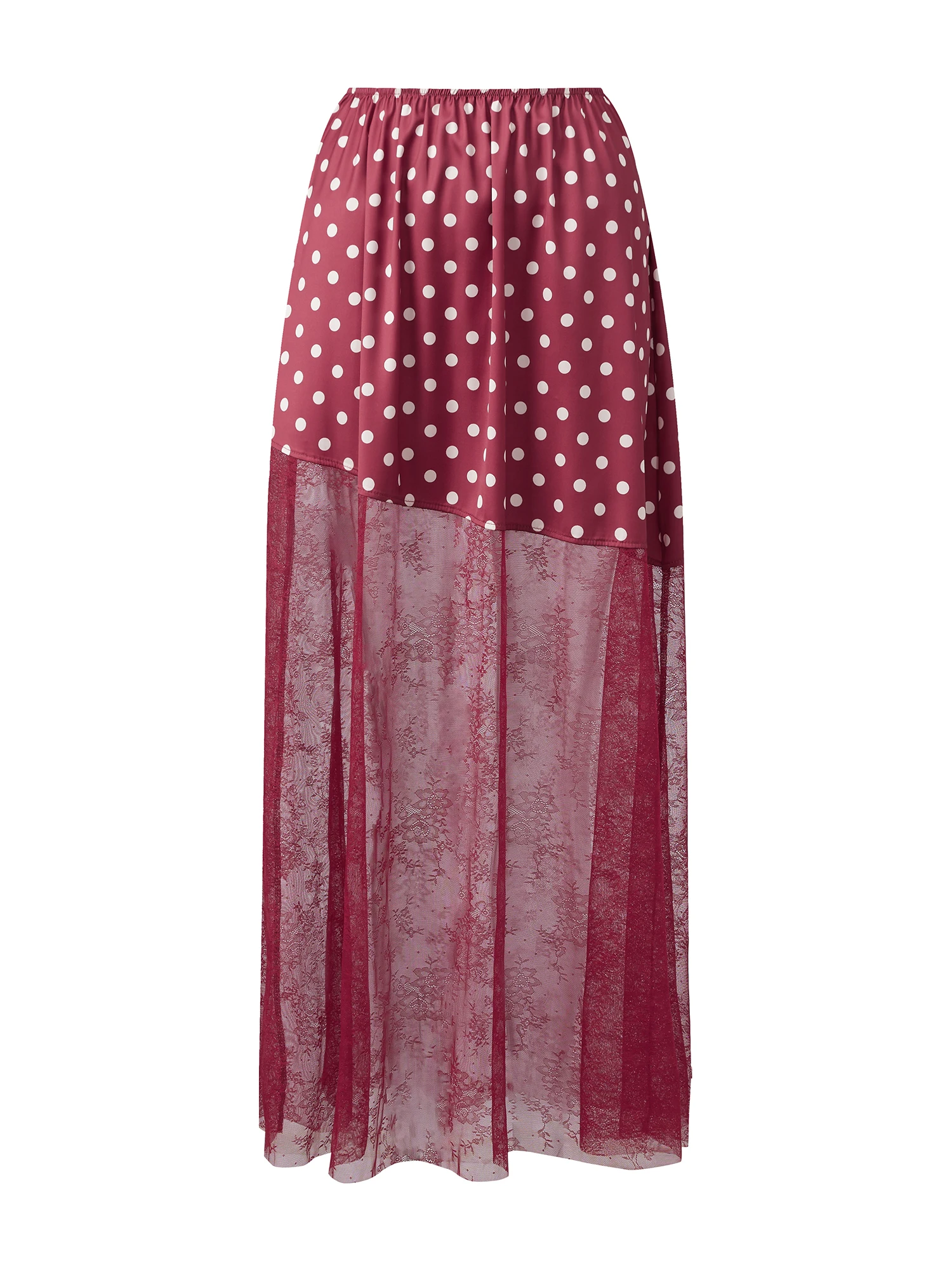 

Women Midi Skirt Vintage Elastic Waist Dots Print Lace Patchwork Summer Skirt Streetwear for Casual Daily