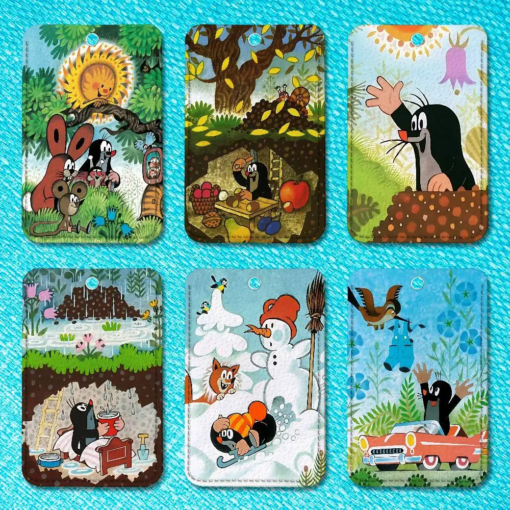 

T-The Little Cute M-Moles Key Tag Ring Leather Card Holder Key Ring Rectangle Access Card Holder