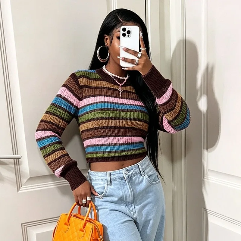 Vintage Multicolor Striped Color Block Knit Top, Long Sleeve Loose Lazy Style Casual Fall Women Sweater ``