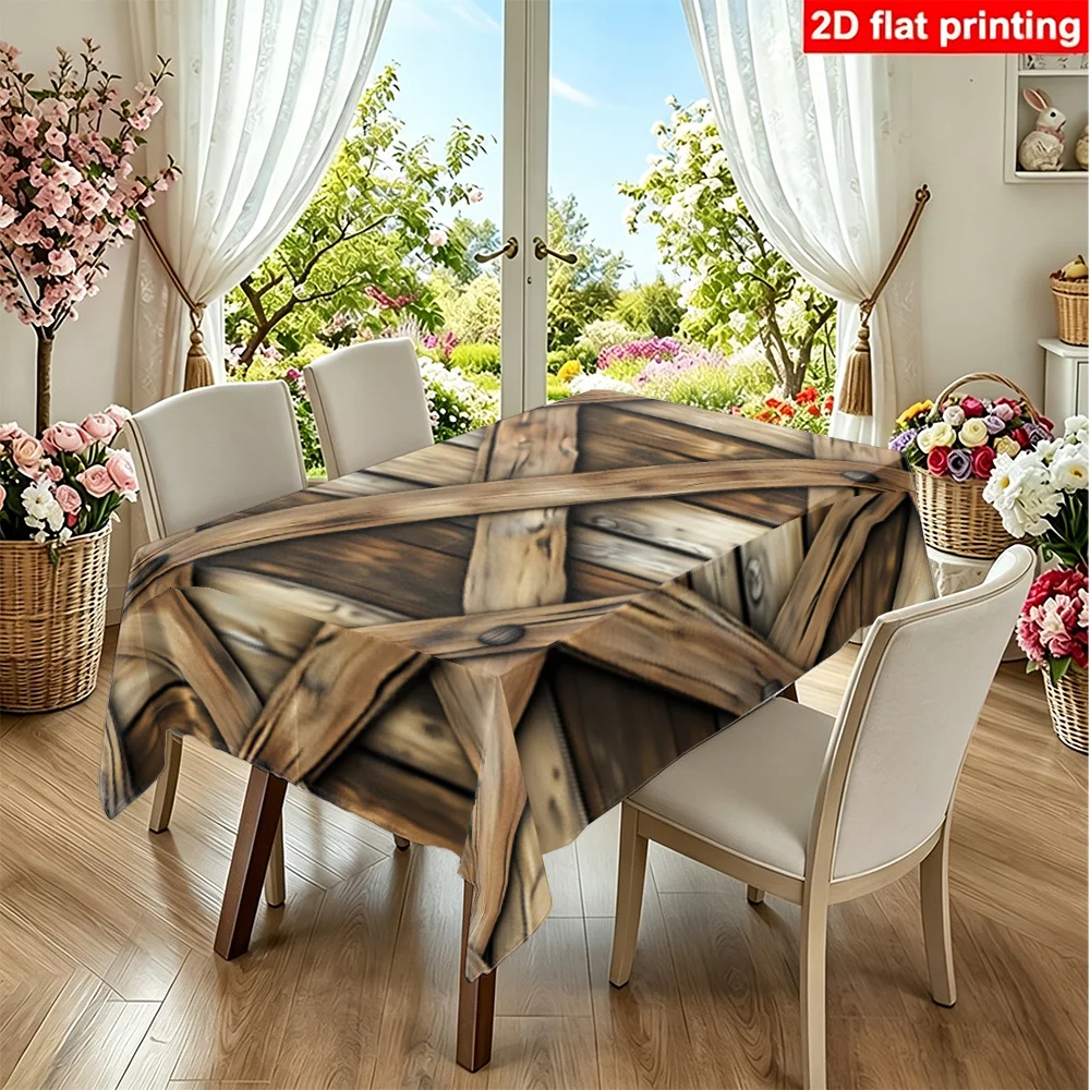 1 PC Rectangular tablecloth designed in a rustic wooden cross-board pattern made of durable polyester fabric for farmhouse style