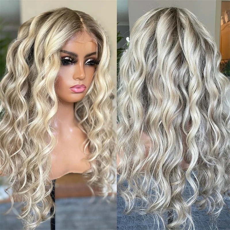 

Synthetic Long Lace Ombre Ash Blonde Wavy Wig for Women 26 Inch Middle Part Curly Natural Looking Heat Resistant Fiber for Daily