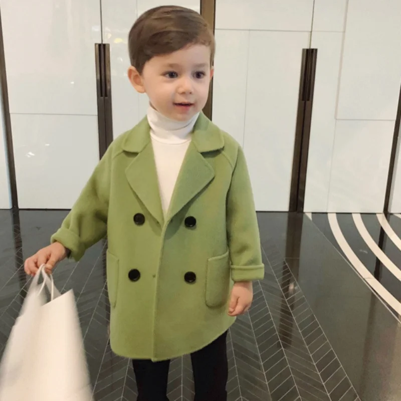 مزيج الصوف الأزرق الداكن الأطفال نمط طويل دعوى معطف الصوف الزفاف زهرة فتاة اللباس سترة