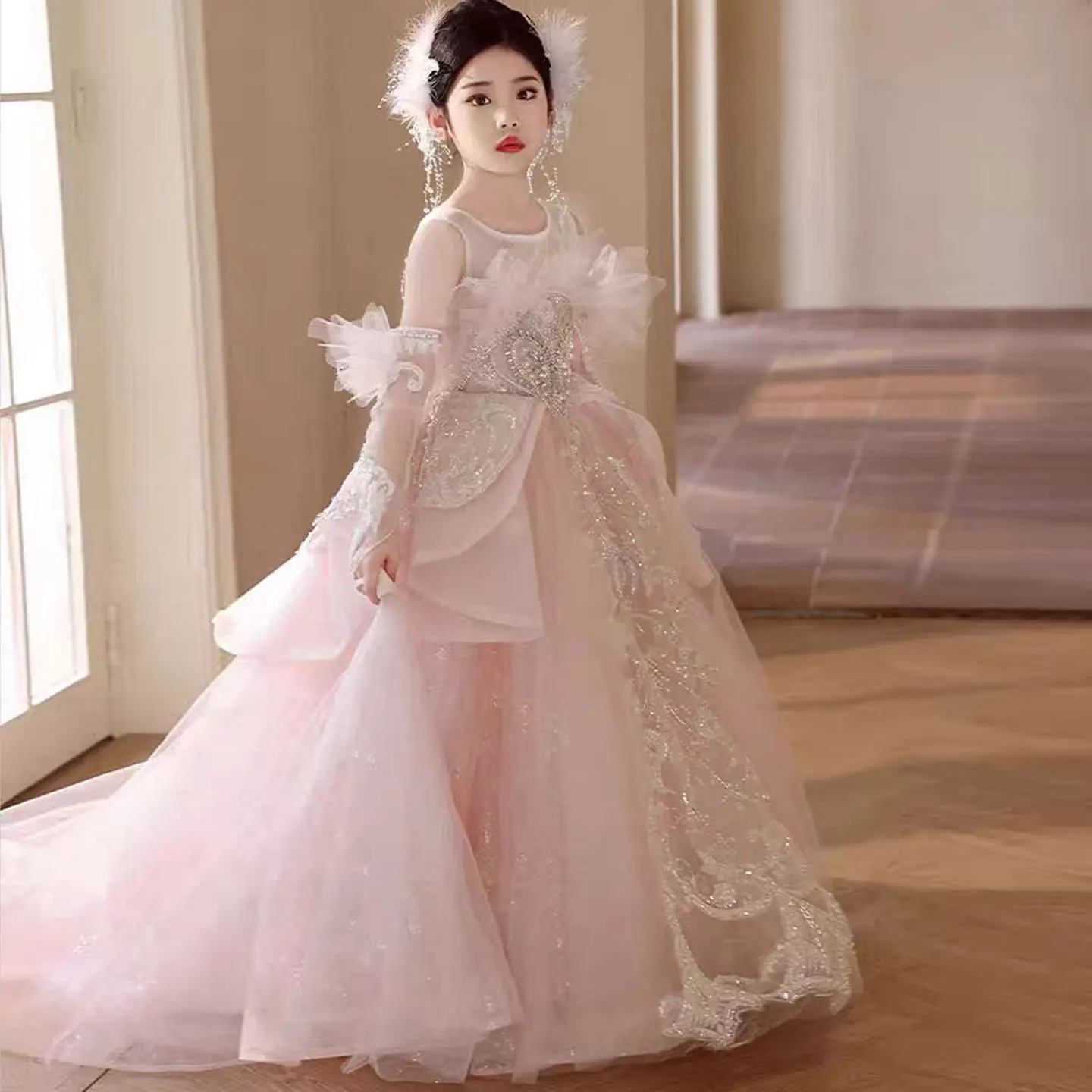 Jill Wish Luxury Pink Beaded Girl Dress Court Train with Sleeve Arab Kids Princess Wedding Birthday Party Holiday Gown J316