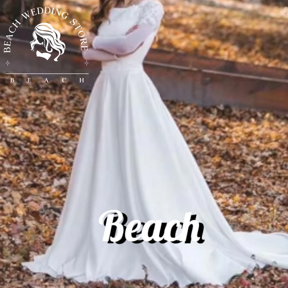 Vestido de novia personalizado para playa, corte en A, cuello redondo, Apliques de encaje, manga larga, largo hasta el suelo, cola de barrido,