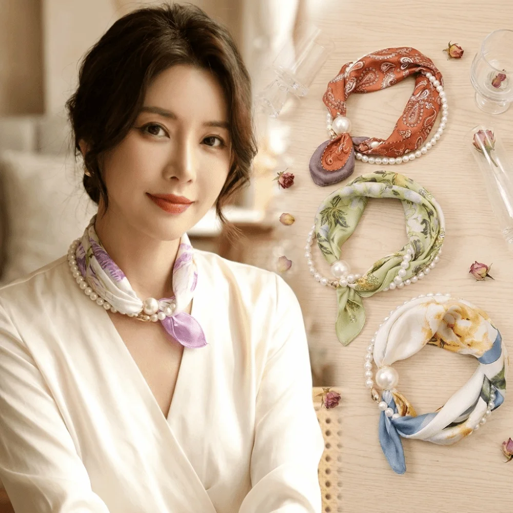 Multifunctional Magnetic Pearl Buckle Silk Bandana Polyester Lightweight Square Silk Scarf Floral Print Portable Neck Scarf
