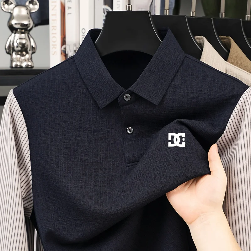 Herbst Neues Herren-Polohemd mit Kontrastfarben-Print, Falsches Zweiteiler-Design, Weiches Langarm-T-Shirt für den Alltag, Lässige Herrenbekleidung – Detail 8