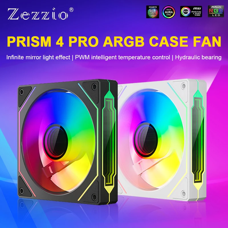 Zezzio PRISM 4 PRO Computer Chassis Fan 120mm ARGB 12V 4Pin PWM Cooling Fan 5V 3PIN Infinite Mirror Light Effect CPU Cooling Fan