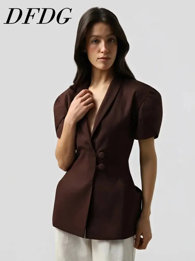 DFDG Women 2026 Spring Summer Tailored Blazer Shawl Lapel Puff Sleeve Double Breasted Slim Fit Elegant Formal Outerwear