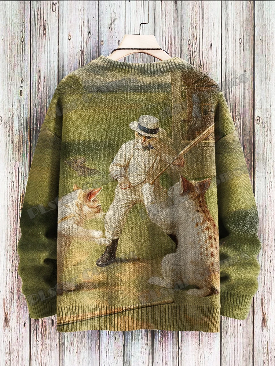 Vintage Cat & Halloween Vintage Ghost Pattern 3D Printed Men's Knitted Pullover Winter Unisex Casual Knit Pullover Sweater ZZM90