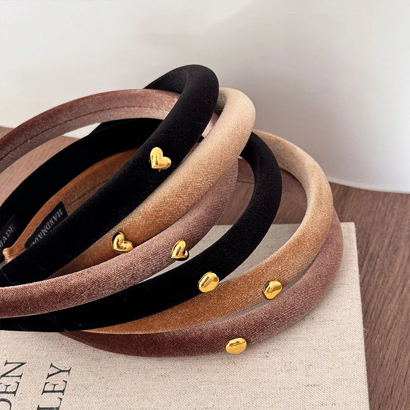 Velvet Gold Love Bean Hair Hoop Narrow Edition Slim Autumn Winter Anti slip Head Hoop High Head Top Vintage HairClip Accessories