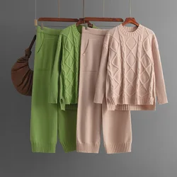 Women Loose Knit Pants Sets 2024 Autumn Winter Twist Split Pullover Sweater Casual Knitted Pocket Pants Women Two-piece Sets