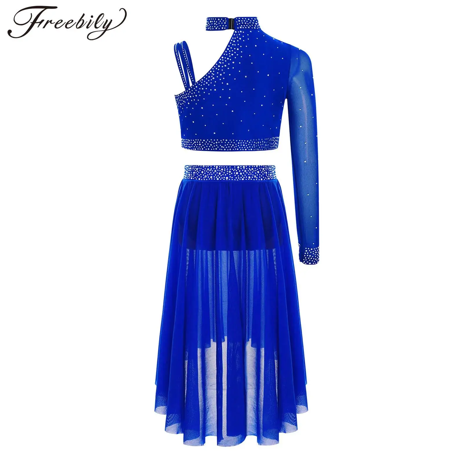 

Girls Sheer Mesh Shiny Sequins Lyrical Dance Outfit Crop Top with Slit High-Low Skirt Suits Children's Modern Dance Costumes