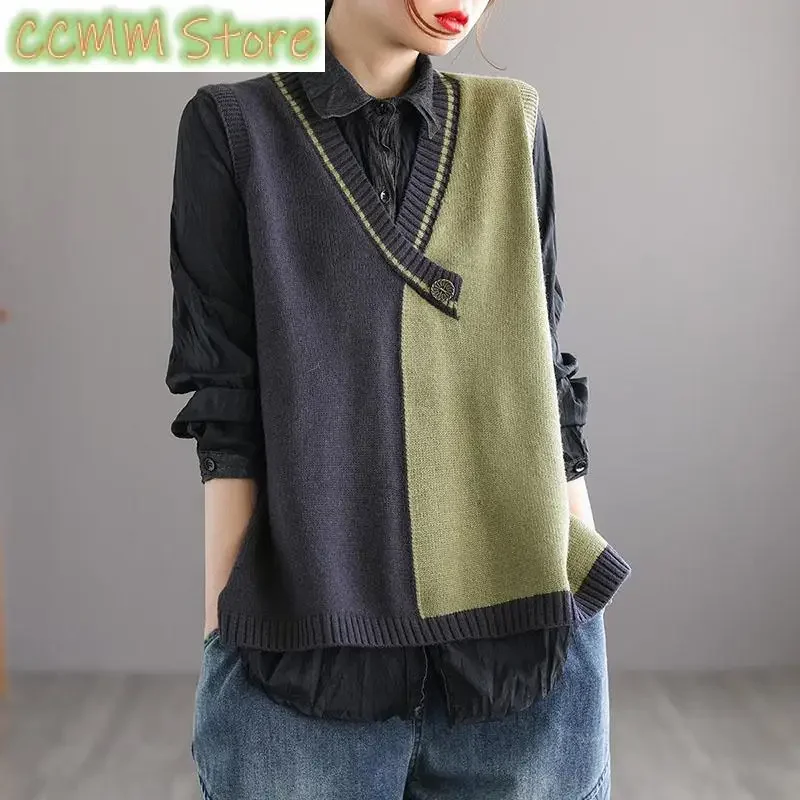 

Fashion V-Neck Spliced Button Color Vest Sweater Women's Clothing Winter Casual Pullovers Loose All-match Tops