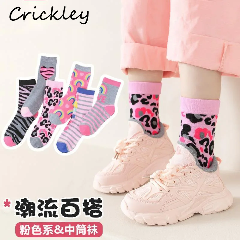 

6 Pairs/Lot Leopard Children Socks Striped Rainbow Girls Fashion Socks Spring Autumn Soft Kids Mid Tube Sock