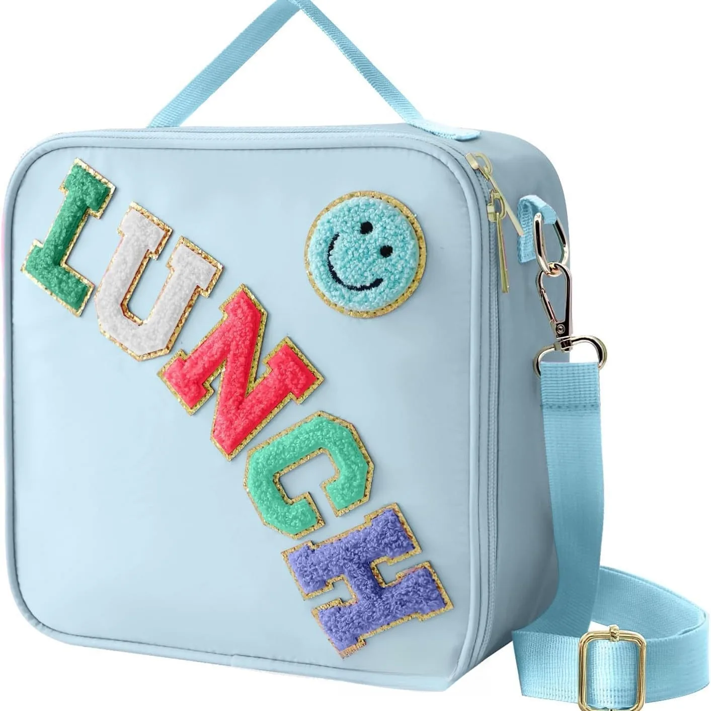 Colorful Embroidered Smiley Face Insulated Lunch Bag Portable Bento Bag for Students and Children Outdoor Picnic Food Storage Ba