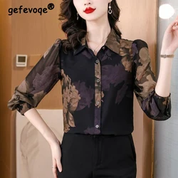 Women's Vintage Floral Print Turn Down Collar Button Up Shirt Office Lady Elegant Commute Blouse Long Sleeve Loose Chiffon Tops