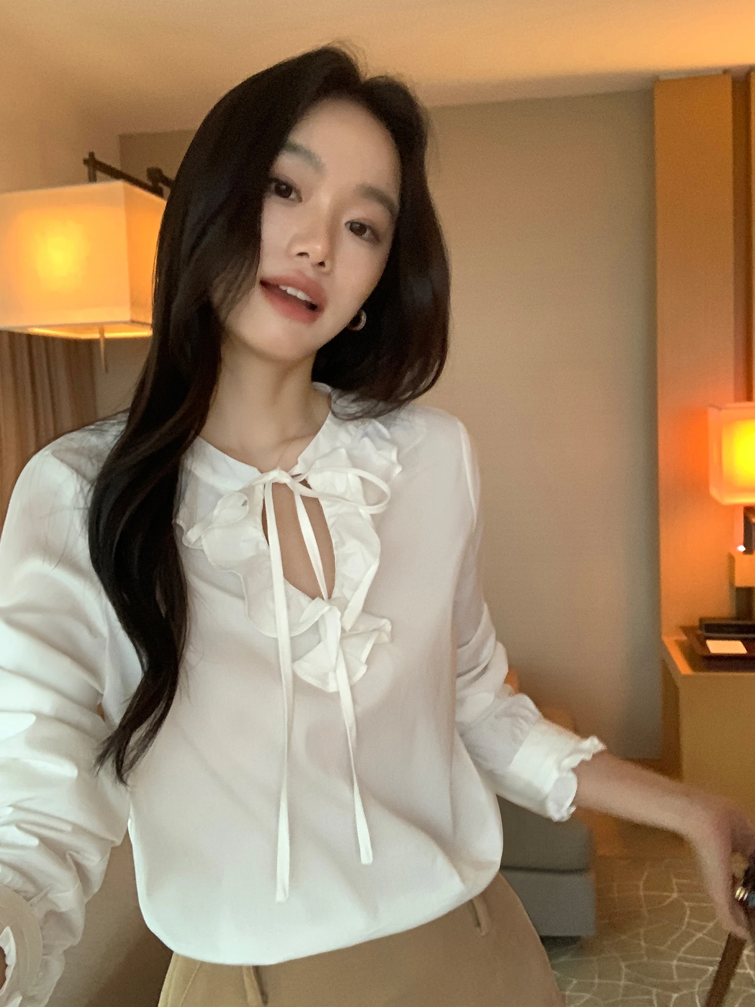 

Pusumede женский свободный длинный све irt V-Ne Design Sensation с широким подолом, хлопковый дышащий осенний топ с французским вырезом