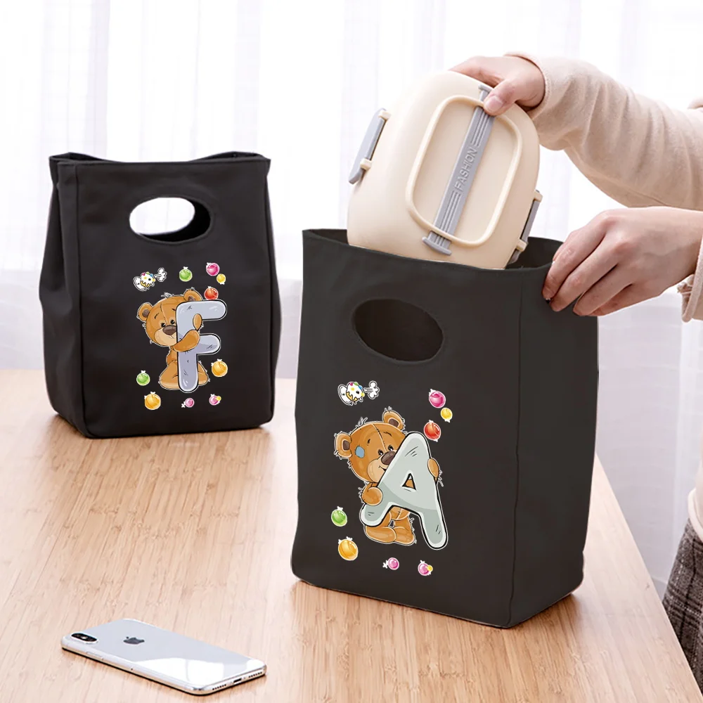 Lunch Bag Insulation Cooler Handags 26 Bear Letter Print Lunch Box Picnic Travel Portable Food Storage Thermal Bento Pouch