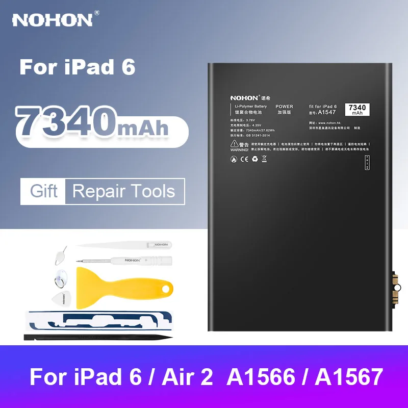 Nohon A1567 Battery for iPad Air 2 Bateria for iPad 6 iPad6 A1566 High Capacity Replacement Batarya 7340mah Free Tools