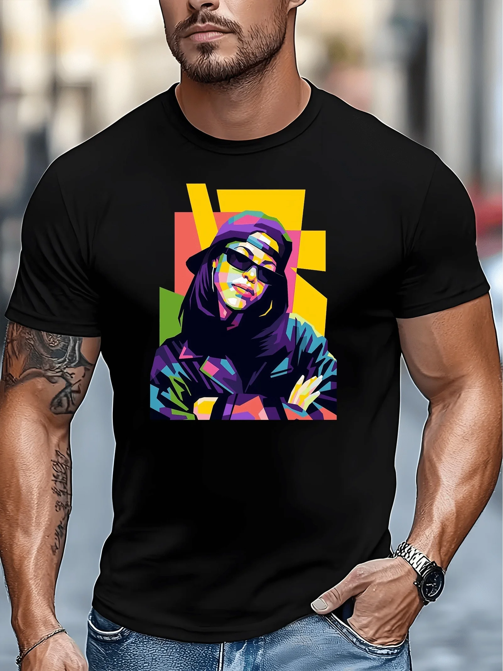 Men'S Casual Outdoor Round-Neck Short-Sleeve T-Shirt, Anime-Style Tee, Fashionable Design with Pop Art, Depicting Aliyah, Celebrating R&B Idol, Featuring WPAP Portrait. Ideal for Daily Wear, Holidays, Parties, And Gifting