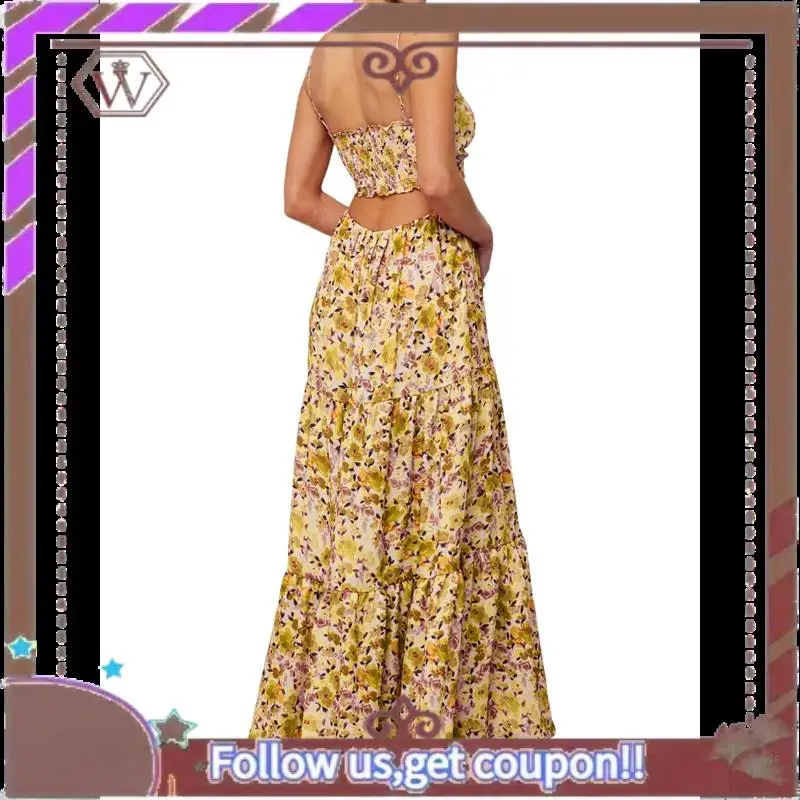 A95D-Summer Floral Sundress For Women Spaghetti Straps Hollow Out Tie Front Maxi Dress Flowy Smocked Bohemia- Dress