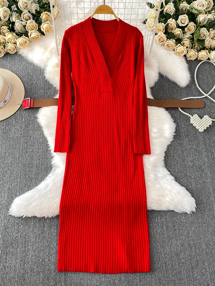 Herfst Winter Vrouwen Elegante Cross V-hals Lange Mouwen Jurk Nieuwe Rode Taille Cinched Bottom Gebreide Lange Jurk S165