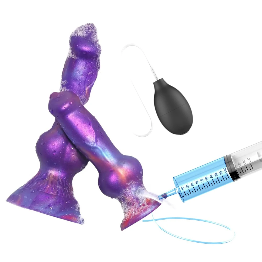 Dildo realista con forma de perro, con enema eyaculador, de silicona suave, ventosa, jeringa de agua para juegos anales, limpieza vaginal, juguetes sexuales para adultos.