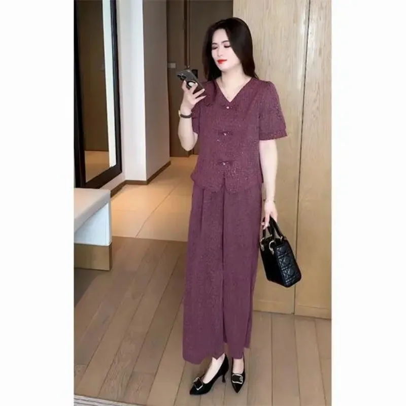 Womens Burgundy Textured Short Sleeve Jacket And Wide Leg Pants Two Piece Set