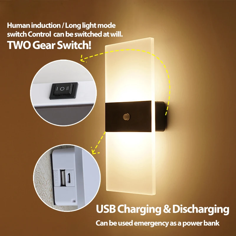 PIR Motion Sensor Acrylic Wall Lamp USB Recharge Wireless LED Indoor Sconce Lamp Bedroom Living Room Modern Nordic Night Light