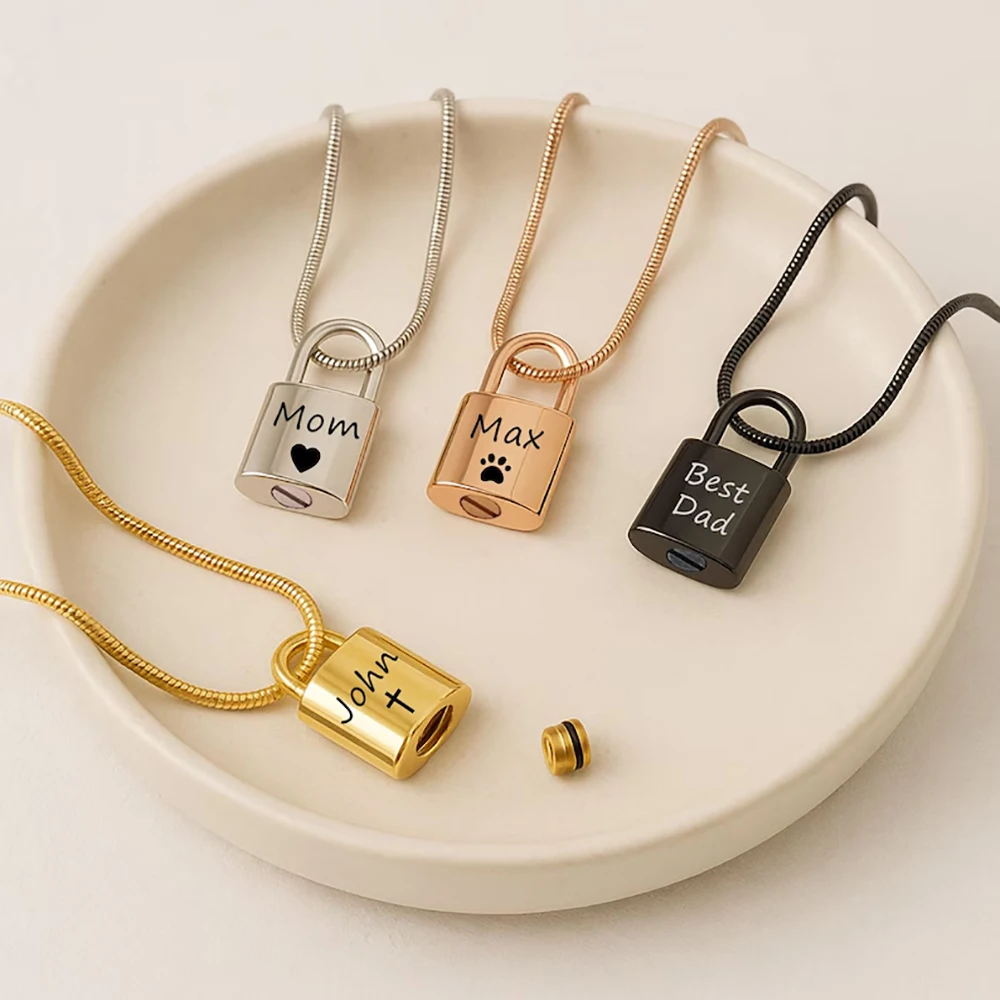 Fashion Lock Pendant Necklace Urn Cremation Jewelry For Human/Pet Ashes Necklace Customize Name Date Jewelry Keepsake