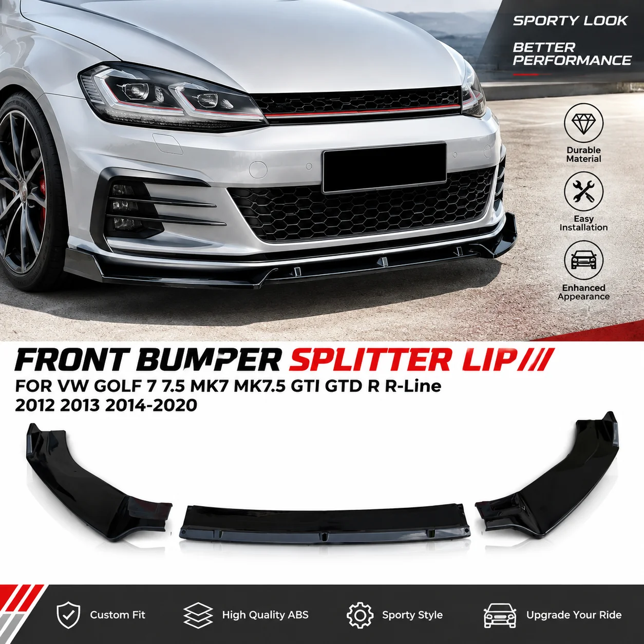 Image of Für VW Golf 7 7.5 MK7 MK7.5 GTI GTD R R-Line 2012 2013 2014-2020 Performance Frontstoßstangen-Splitter Lippe Auto-Diffusor Karosserie-Kit Spoiler