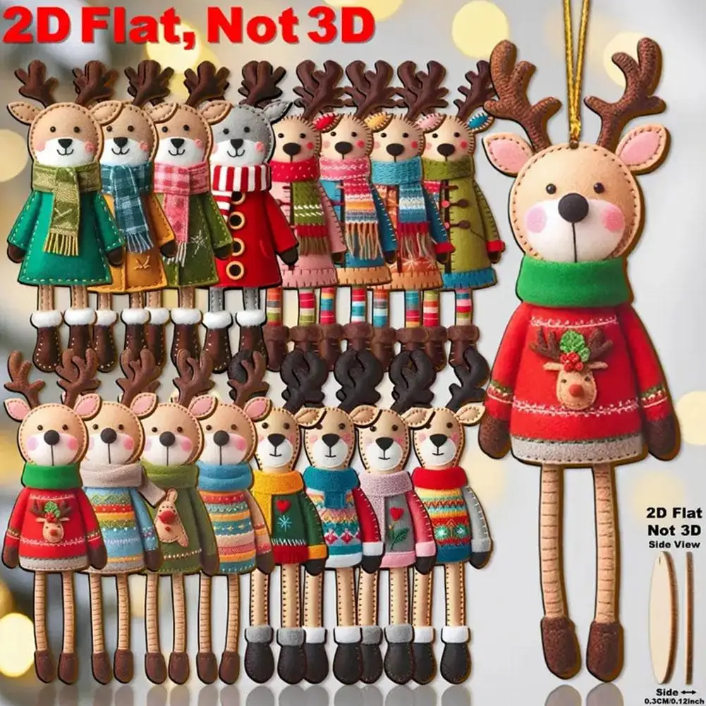 16/32 قطعة 2D الملونة عيد الميلاد الرنة زخرفة خشبية 2025 عيد الميلاد الكرتون حلي معلقة للمنزل 2026 هدية السنة الجديدة