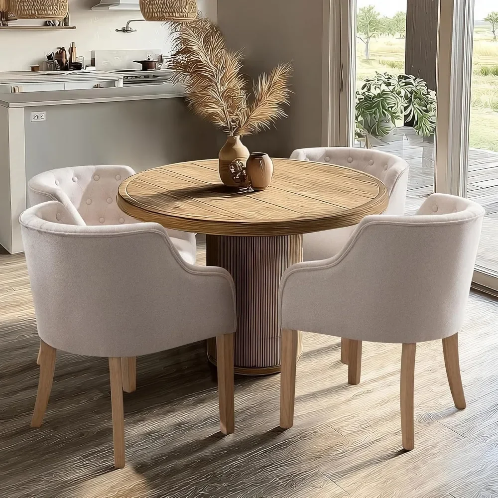 Set Kursi Makan 4 Buah Berlapis Linen dengan Sandaran Berumbai Gaya Farmhouse, Kursi Dapur dengan Sandaran Tangan Kayu Rotan untuk Ruang Makan