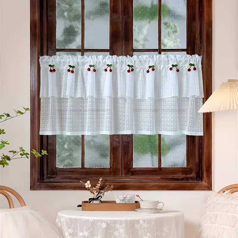 1pc Floral Hollow Double Sheer Curtain, Jacquard Mesh, Log Style Bay Window Decor Curtain