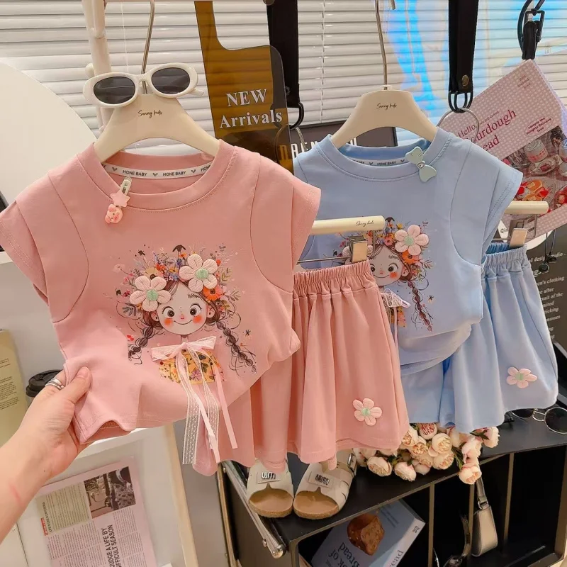 Girls' Summer Korean Style Outfit Cartoon Sweet Children's Sleeveless Top and Shorts Breathable Two-Piece Set