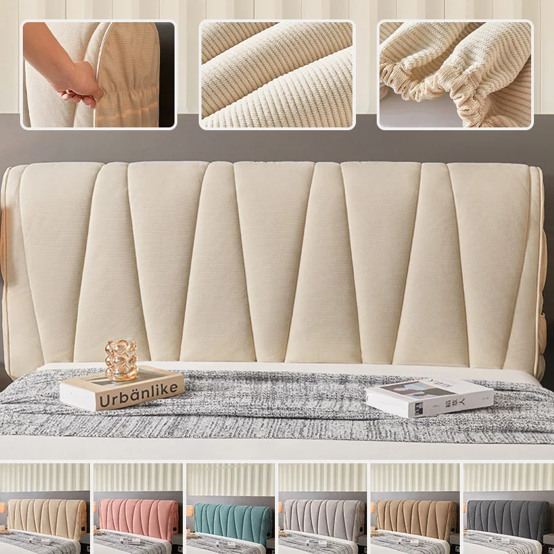 Stretch Velvet Bed Headboard Cover Thick Corduroy All‑Inclusive Headboard Protector with Side Pocket for 1.2/1.5/1.8/2.0M Bed