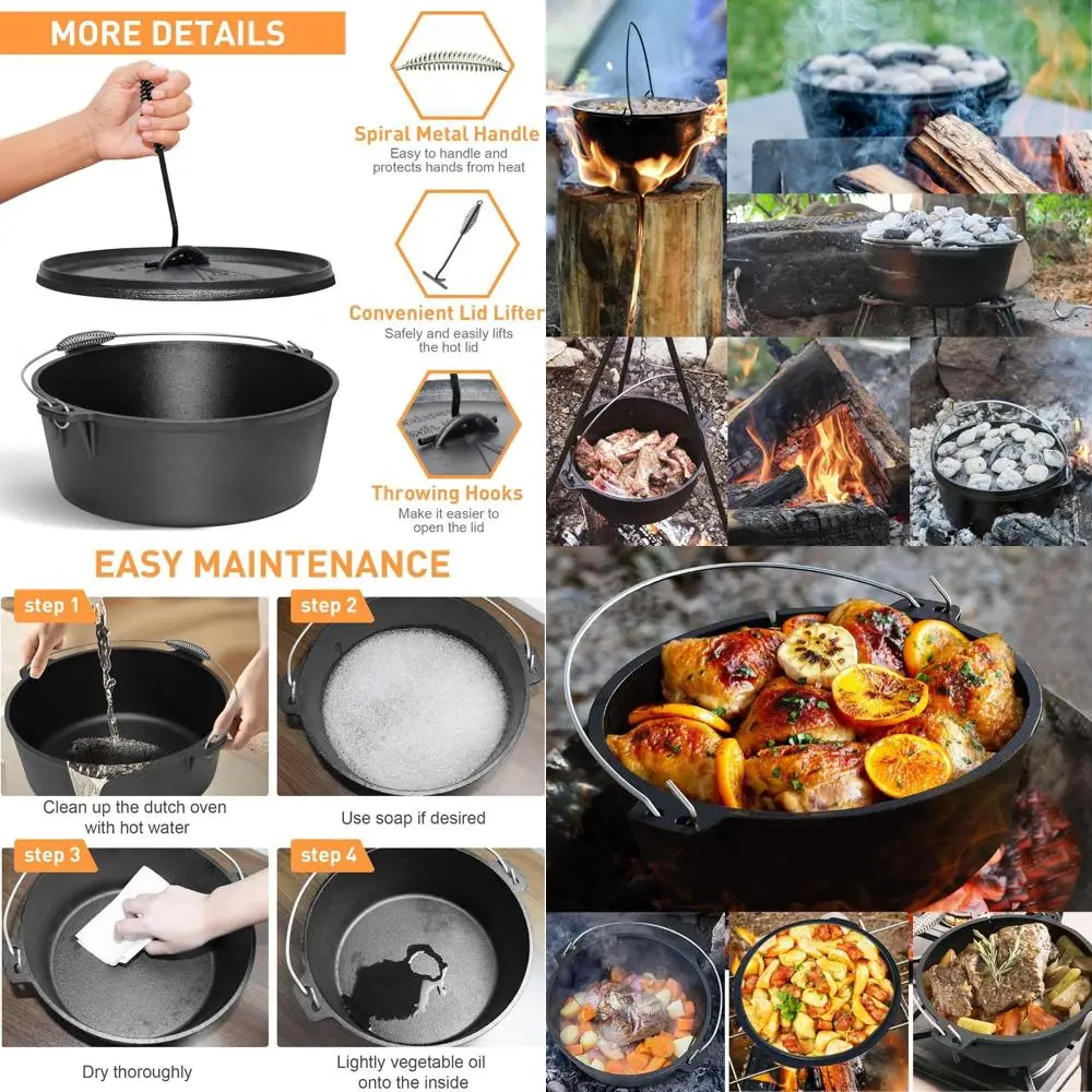 

Чугунная сковорода-казан на 12 кварт с крышкой и подставкой для приготовления пищи и выпечки на открытом воздухе