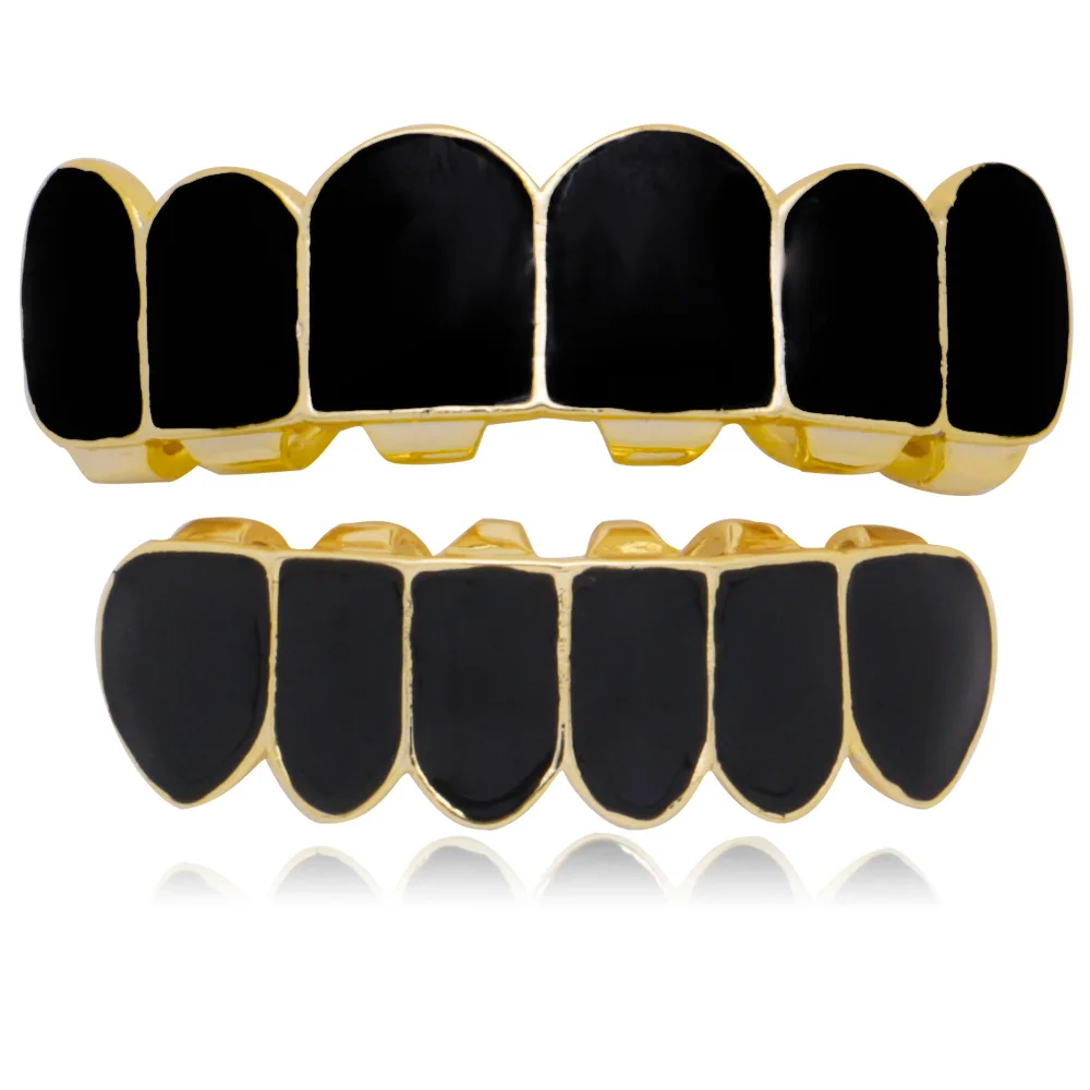 

Black Color Gold Teeth Grillz Top & Bootom Dental Mouth Caps Cosplay Party Rapper Hip Hop Jewelry TG087