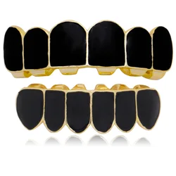 Black Color Gold Teeth Grillz Top & Bootom Dental Mouth Caps Cosplay Party Rapper Hip Hop Jewelry TG087