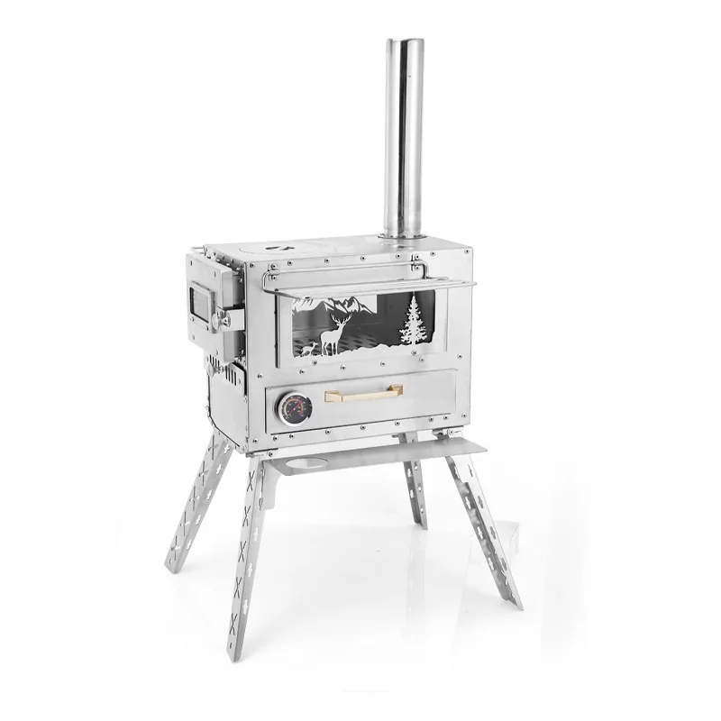Folding Stainless Steel Tent Wood Stove, Portable Camping Stove with Glass Window