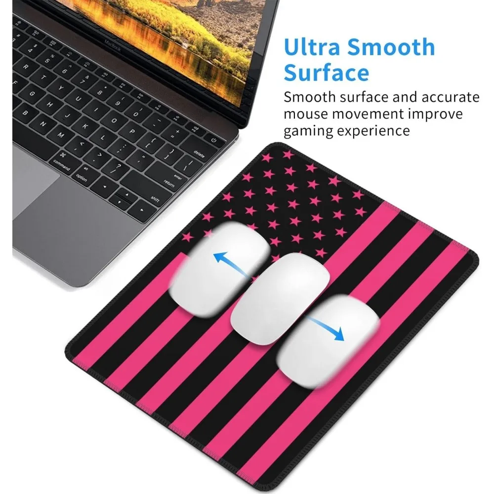 American Flag-Themed Black Pink Mouse Pad with Stitched Edges, Anti-Slip Desk Mat for Gaming and Office Use, 7.9 x 9 Inches
