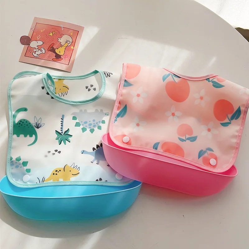 Detachable Rice Pocket Baby Feeding Bib Imitation Silicone Waterproof Bibs For Baby Kids Burp Cloth Cartoon Adjustable