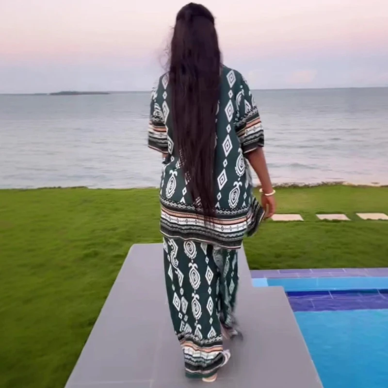 New African Fashion Women Two Piece Set Vintage Casual Geometric Printed Loose Shirt And Wide Leg Pants Set