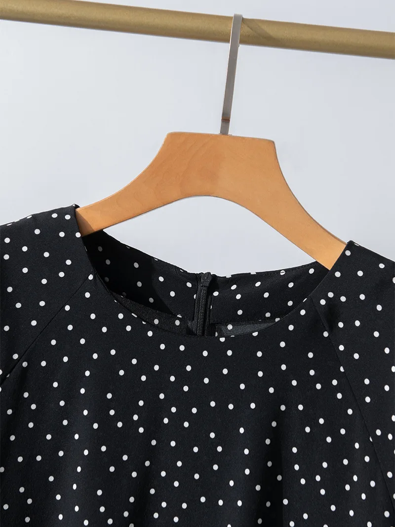 MadBlack-100%Real Silk Double Crepe Elegant T-Shirt, O Neck Dot Print, Women Fashion Casual Thin Top, 2026 Summer New T65412CC