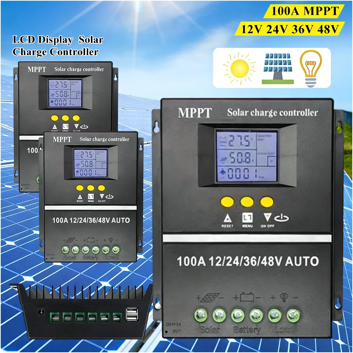 

100A MPPT Контроллер заряда солнечной батареи Регулятор солнечной панели ЖК-дисплей Автоматический контроллер заряда солнечной батареи 12 В 24 В 36 В 48 В для солнечной панели