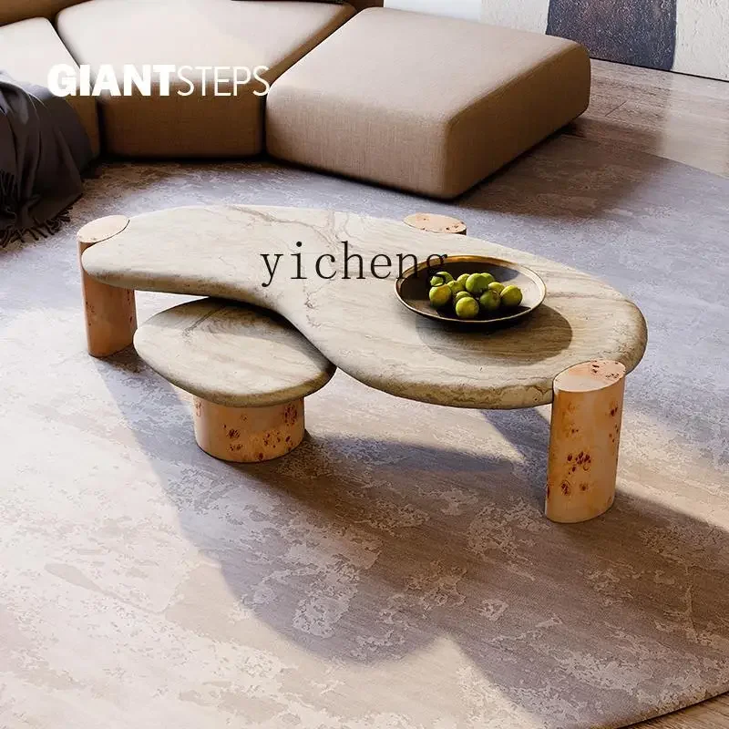 XL Oval Coffee Table Natural Marble Coffee Table Retro Medieval Cloud Travertine Coffee TableD17
